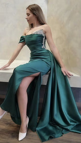 Dark Green Beaded Prom Dress Pleated Evening Party Dress,AST1686